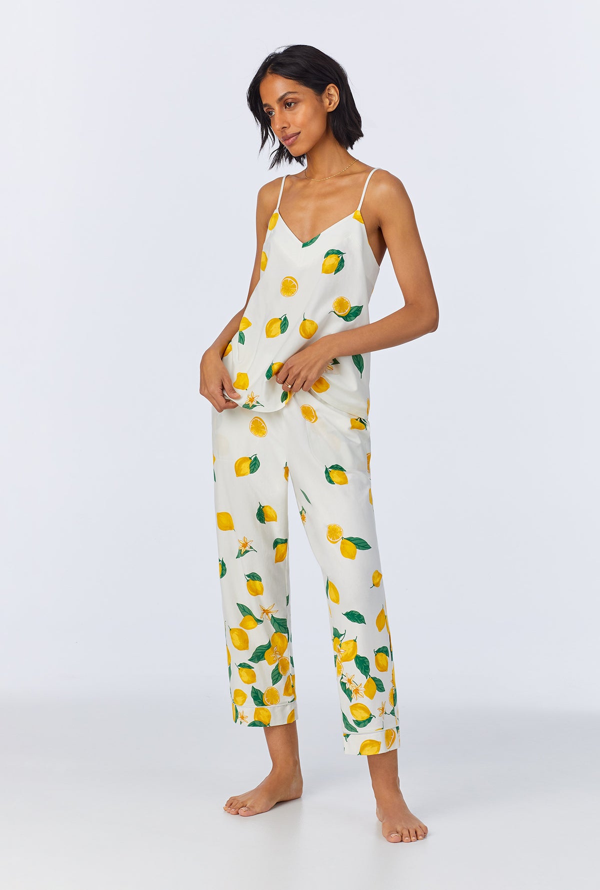 A lady wearing Main Squeeze Border Cami Stretch Jersey Cropped PJ Set