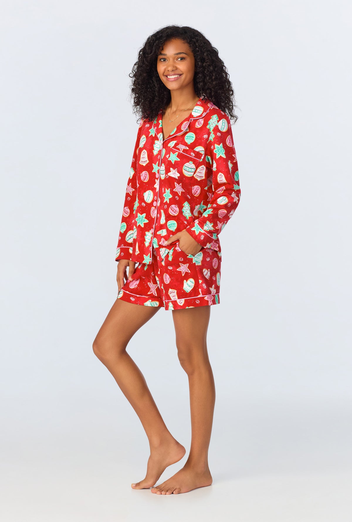 A lady wearing Sugar Cookies Long Sleeve Classic Stretch Jersey Short PJ Set