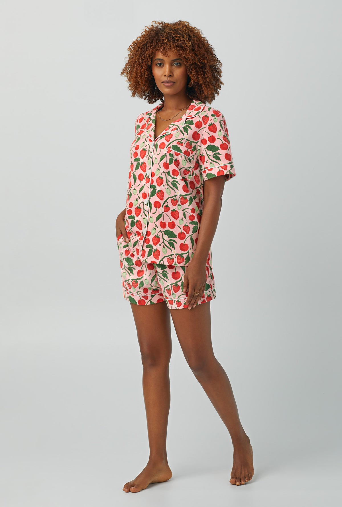A lady wearing Short Sleeve Classic Shorty Stretch Jersey PJ Set with berry bliss print