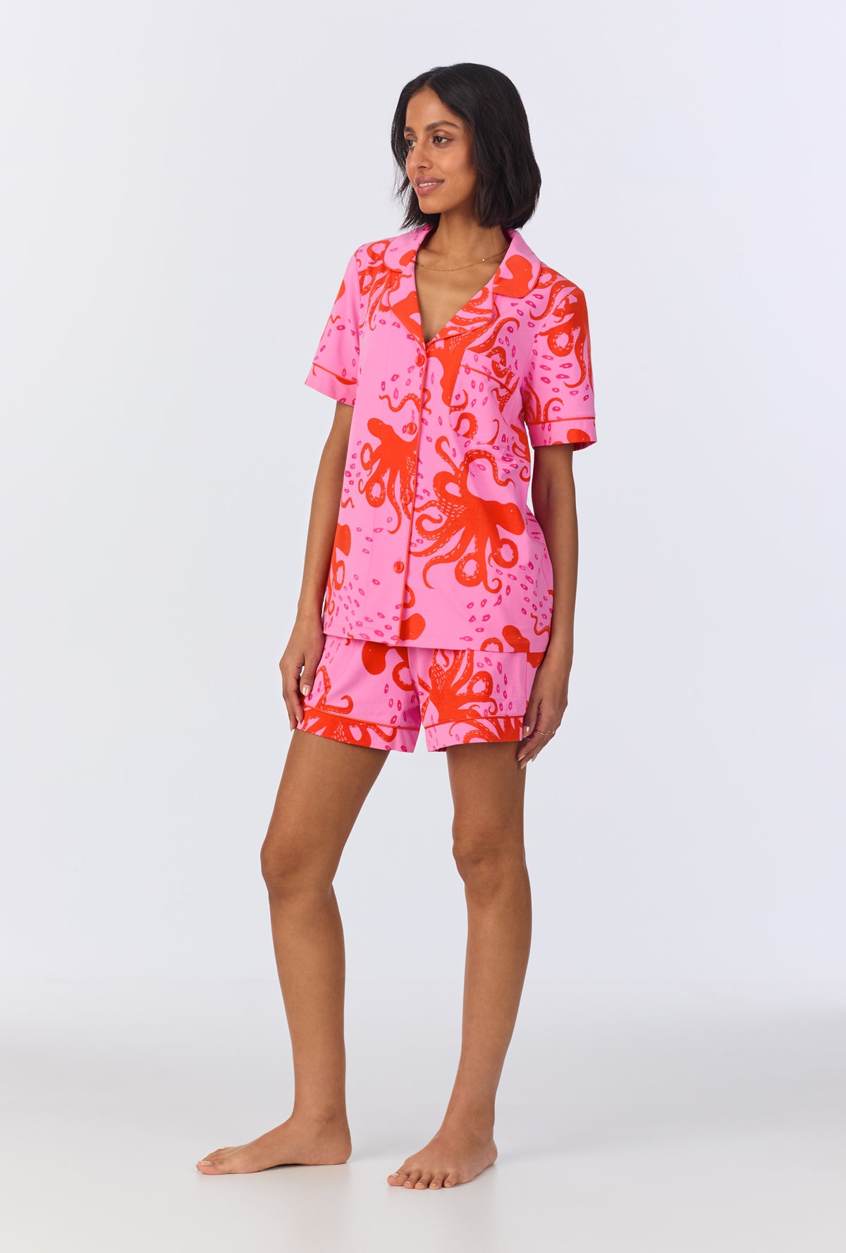 A lady wearing Sea Dreamers Short Sleeve Classic Shorty Stretch Jersey PJ Set