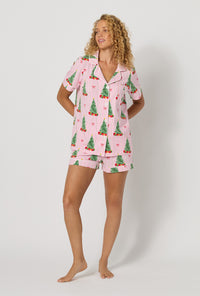 A lady wearing Pretty In Pine Short Sleeve Classic Shorty Stretch Jersey Pj Set