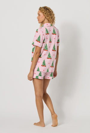 A lady wearing Pretty In Pine Short Sleeve Classic Shorty Stretch Jersey Pj Set back view
