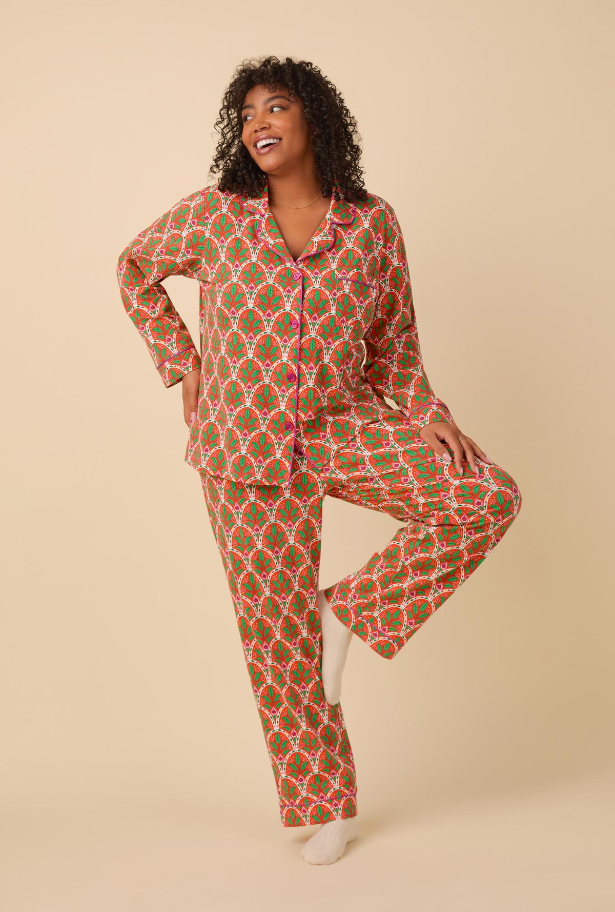 A lady wearing Long Sleeve Classic Stretch Jersey PJ Set with tangier tile print