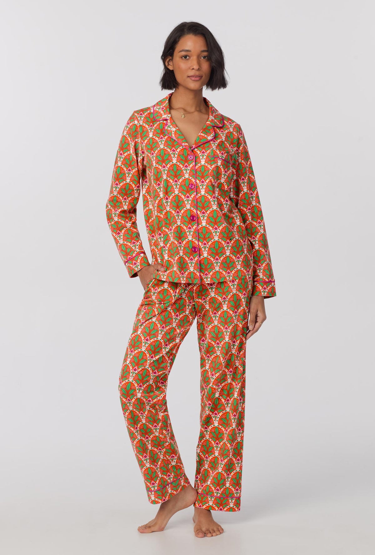 A lady wearing Long Sleeve Classic Stretch Jersey PJ Set with tangier tile print