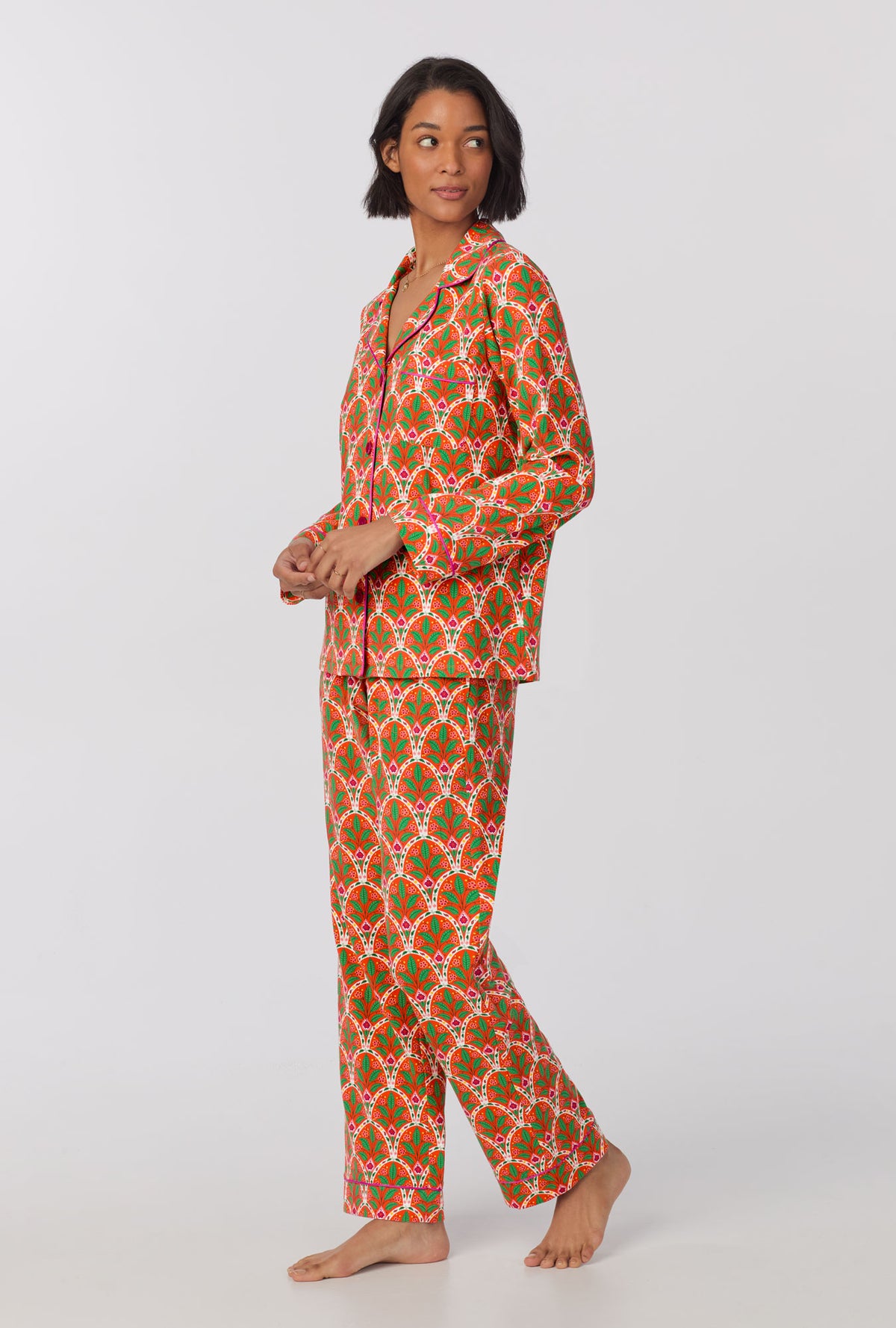 A lady wearing Long Sleeve Classic Stretch Jersey PJ Set with tangier tile print