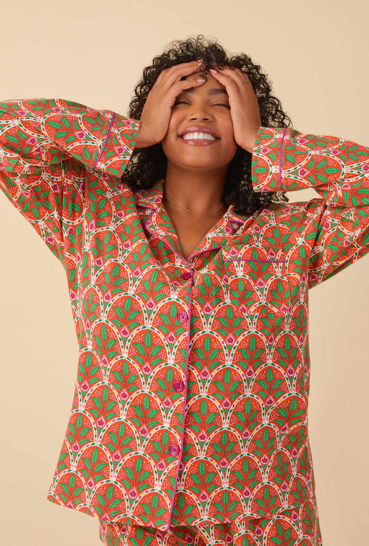 A lady wearing Long Sleeve Classic Stretch Jersey PJ Set with tangier tile print