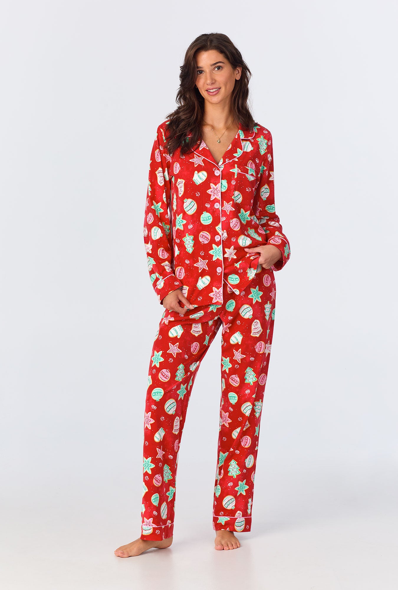 A lady wearing Sugar Cookies Long Sleeve Classic Stretch Jersey PJ Set