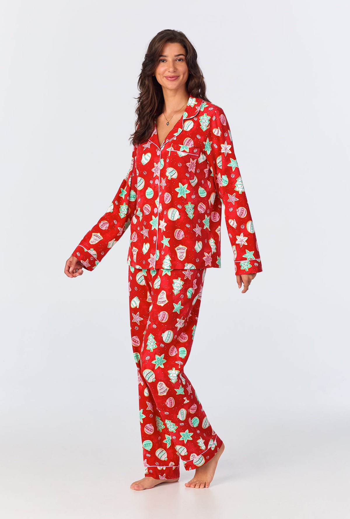 A lady wearing Sugar Cookies Long Sleeve Classic Stretch Jersey PJ Set