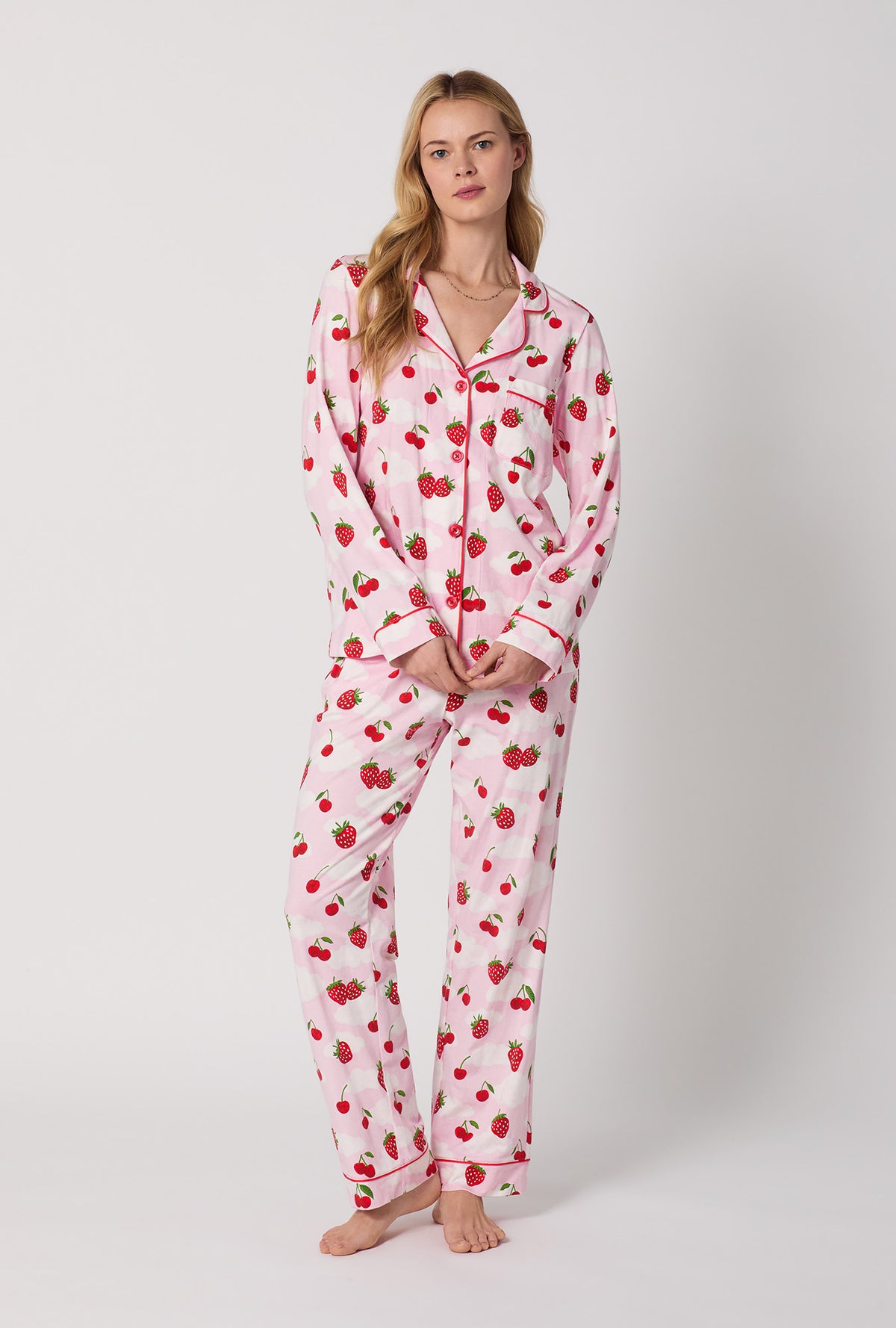 A Lady Wearing Berry Souffle Long Sleeve Classic Stretch Jersey PJ Set Front View
