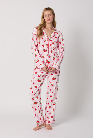 A Lady Wearing Berry Souffle Long Sleeve Classic Stretch Jersey PJ Set Front View