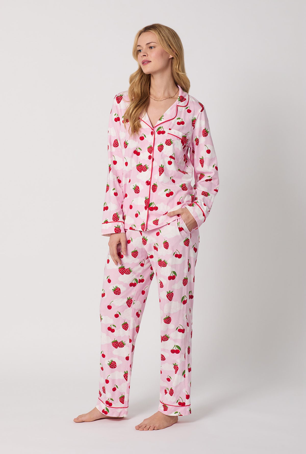 A Lady Wearing Berry Souffle Long Sleeve Classic Stretch Jersey PJ Set Side Angle View