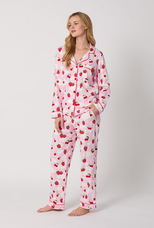 A Lady Wearing Berry Souffle Long Sleeve Classic Stretch Jersey PJ Set Side Angle View