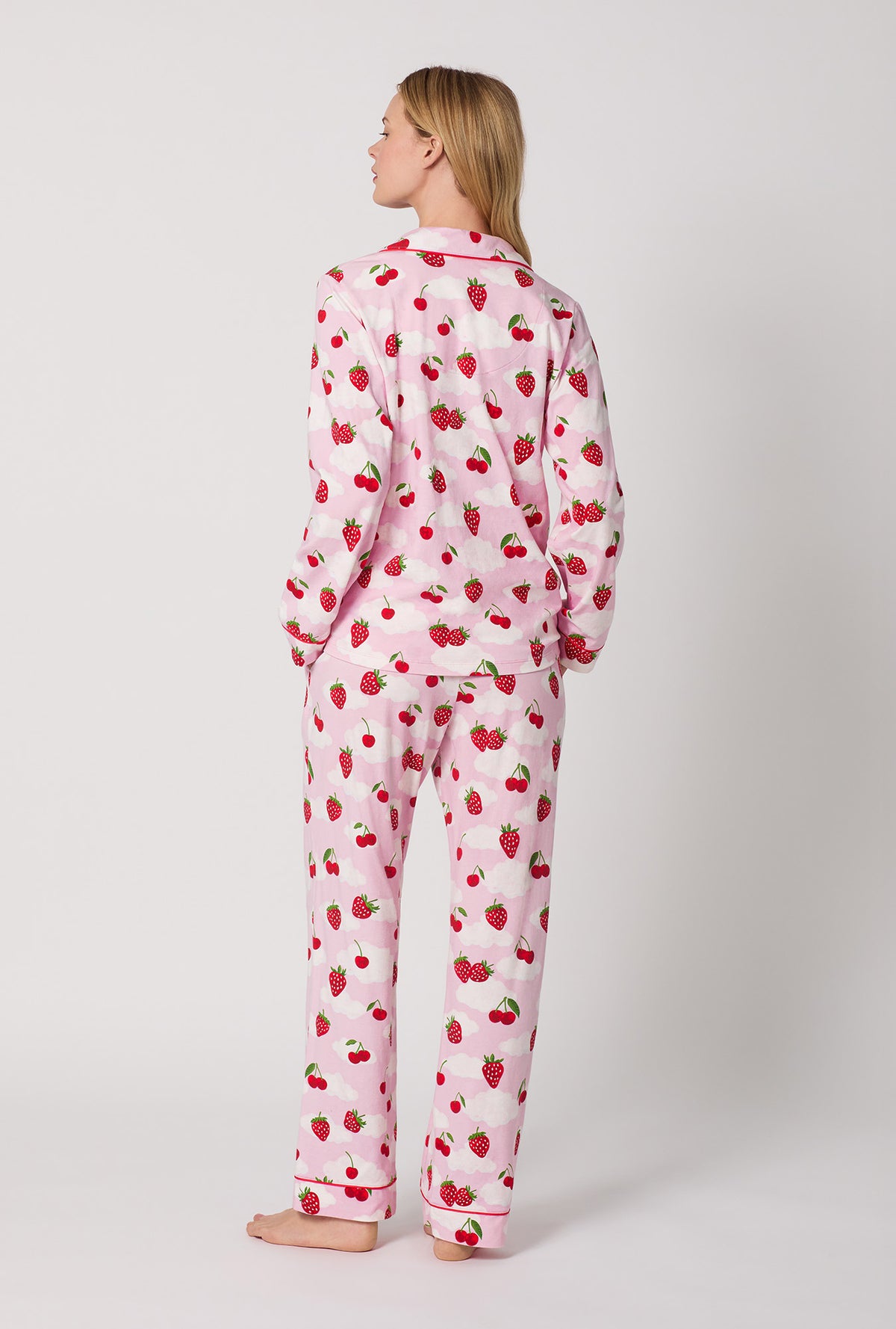 A Lady Wearing Berry Souffle Long Sleeve Classic Stretch Jersey PJ Set Back View