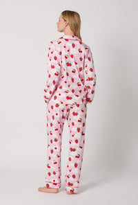 A Lady Wearing Berry Souffle Long Sleeve Classic Stretch Jersey PJ Set Back View