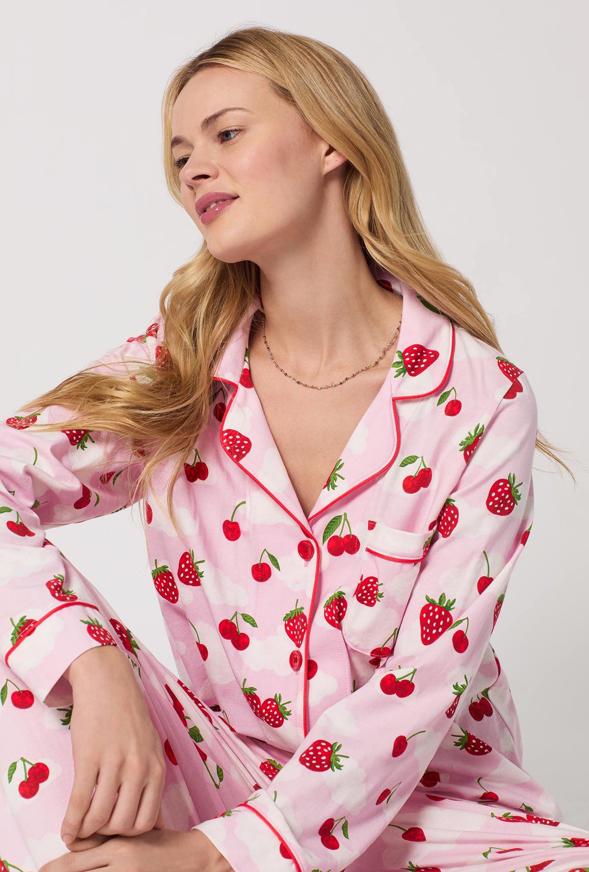 A Lady Wearing Berry Souffle Long Sleeve Classic Stretch Jersey PJ Set Closeup View