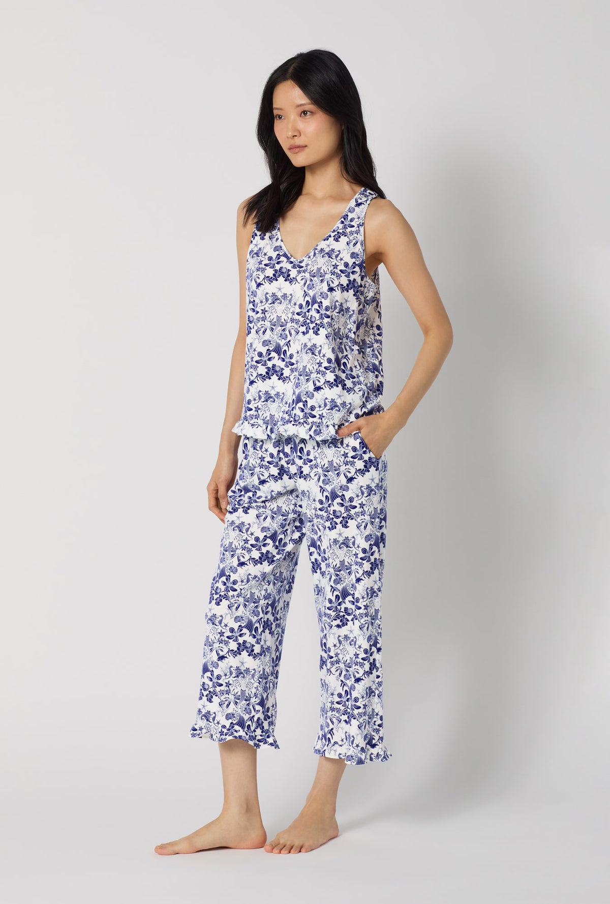 A lady wearing Under The Sea Ruffle Tank Stretch Jersey Cropped Pj Set looking good
