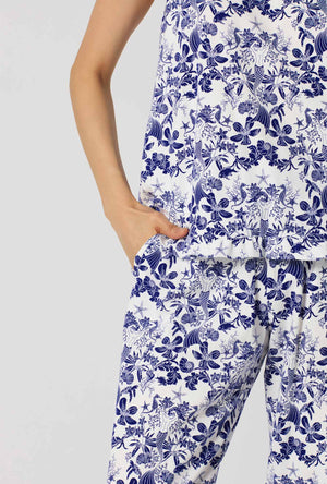 A lady wearing Under The Sea Ruffle Tank Stretch Jersey Cropped Pj Set closer look