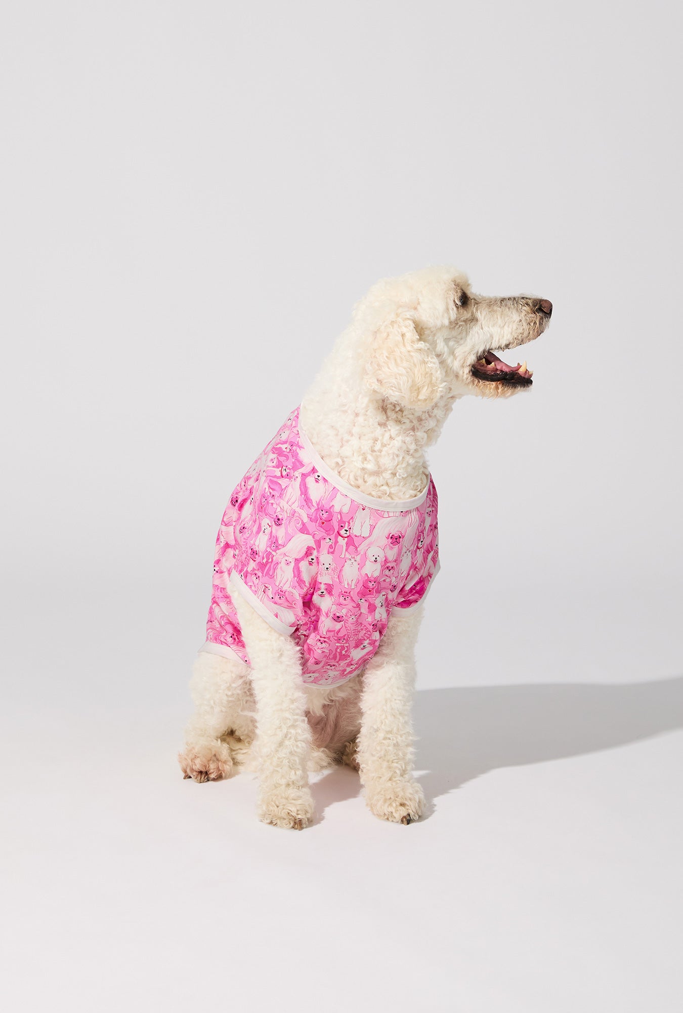 A dog wearing Paw-fectly Pink Stretch Jersey Dog Pajama