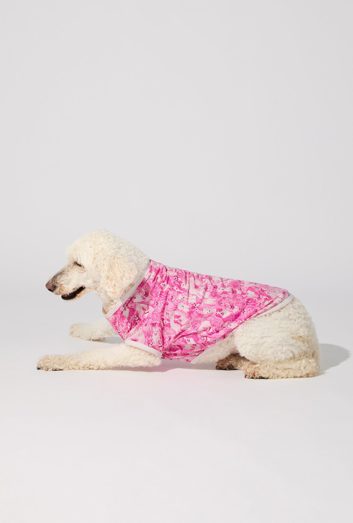 A dog wearing Paw-fectly Pink Stretch Jersey Dog Pajama