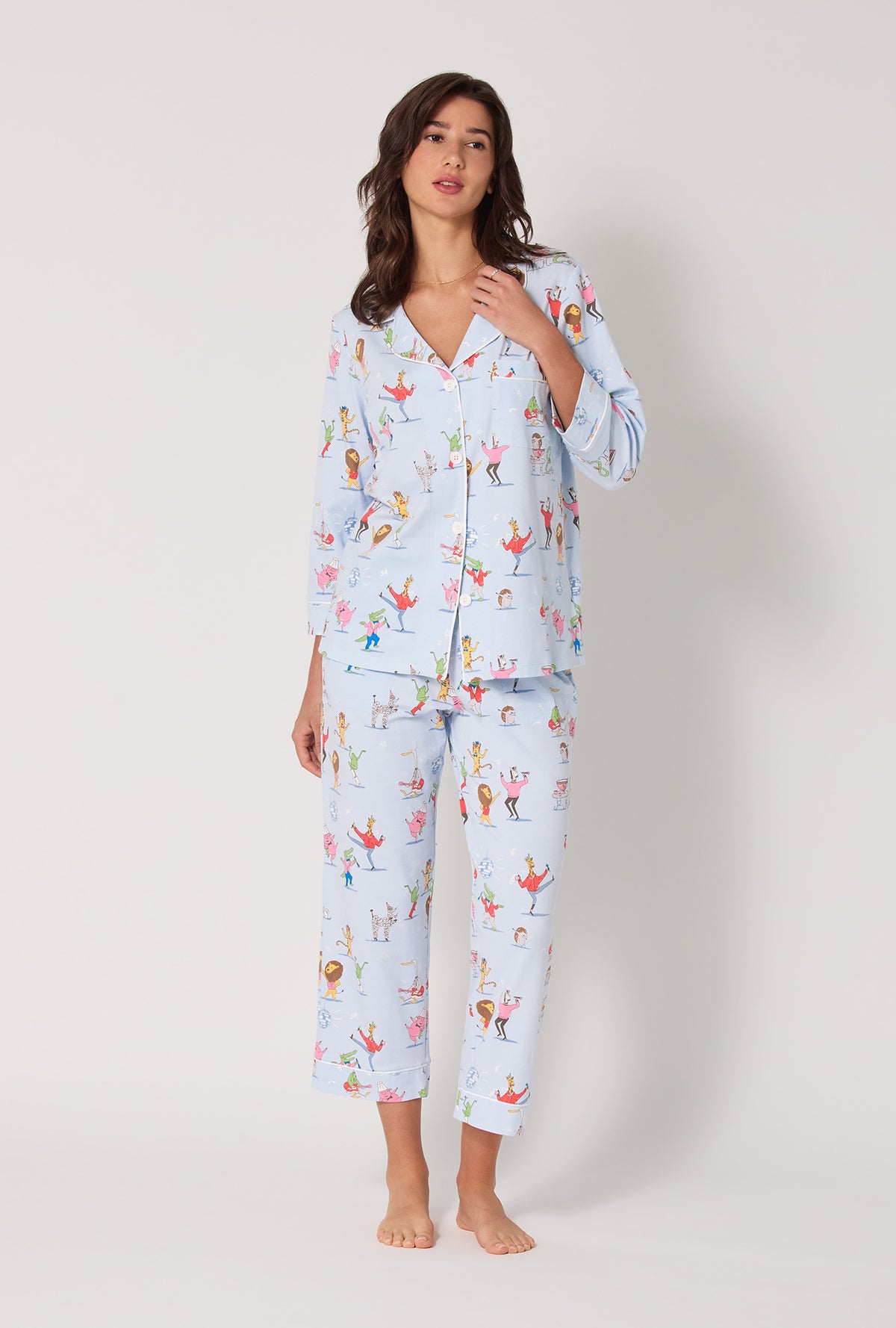 A Lady wearing Till The Ball Drops 3/4 Sleeve Classic Stretch Jersey Cropped Pj Set