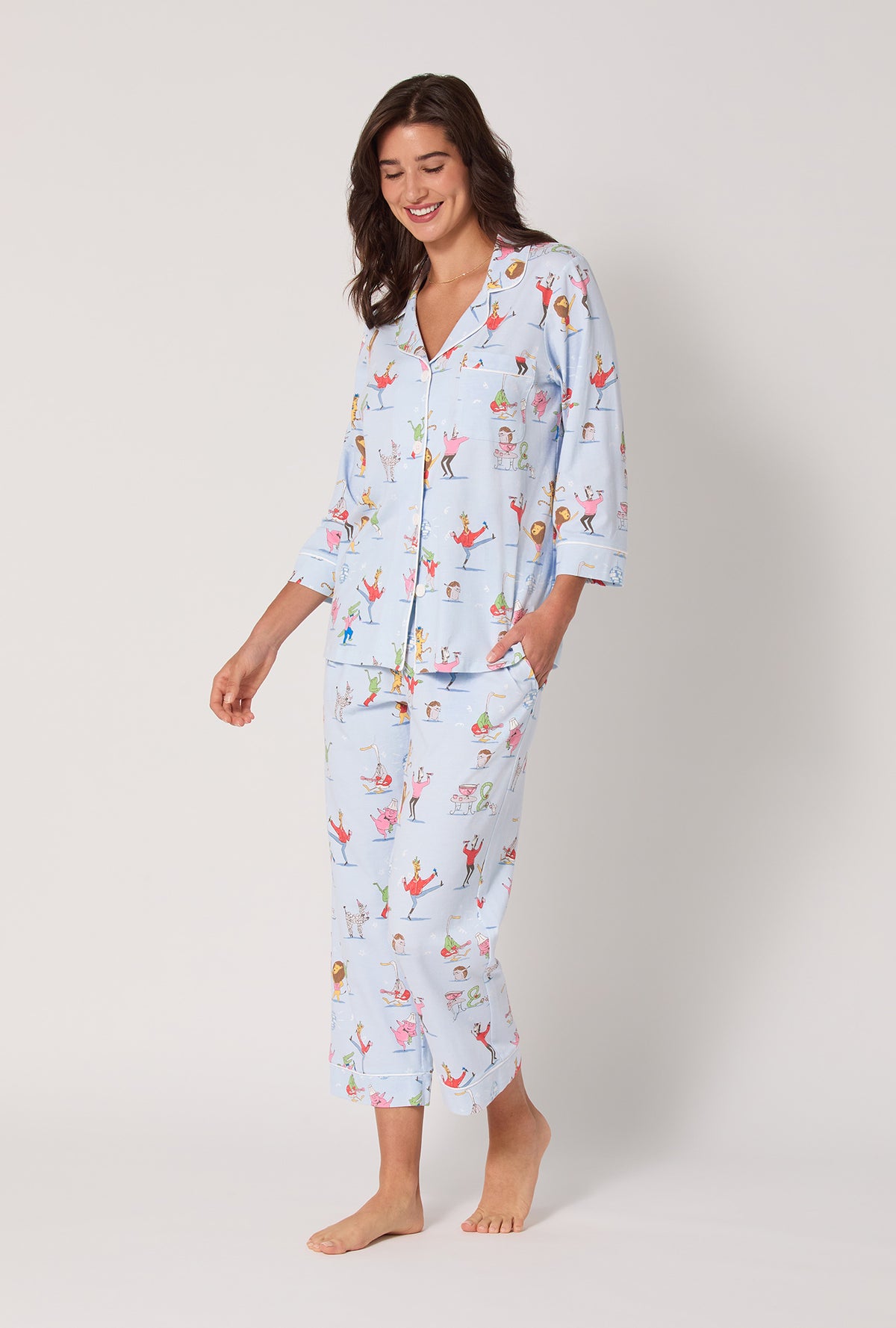 A Lady wearing Till The Ball Drops 3/4 Sleeve Classic Stretch Jersey Cropped Pj Set