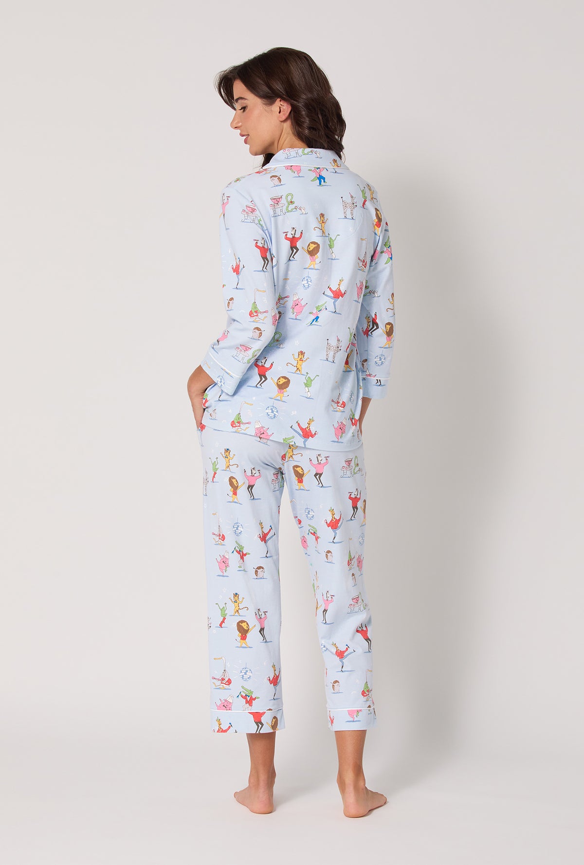 A Lady wearing Till The Ball Drops 3/4 Sleeve Classic Stretch Jersey Cropped Pj Set