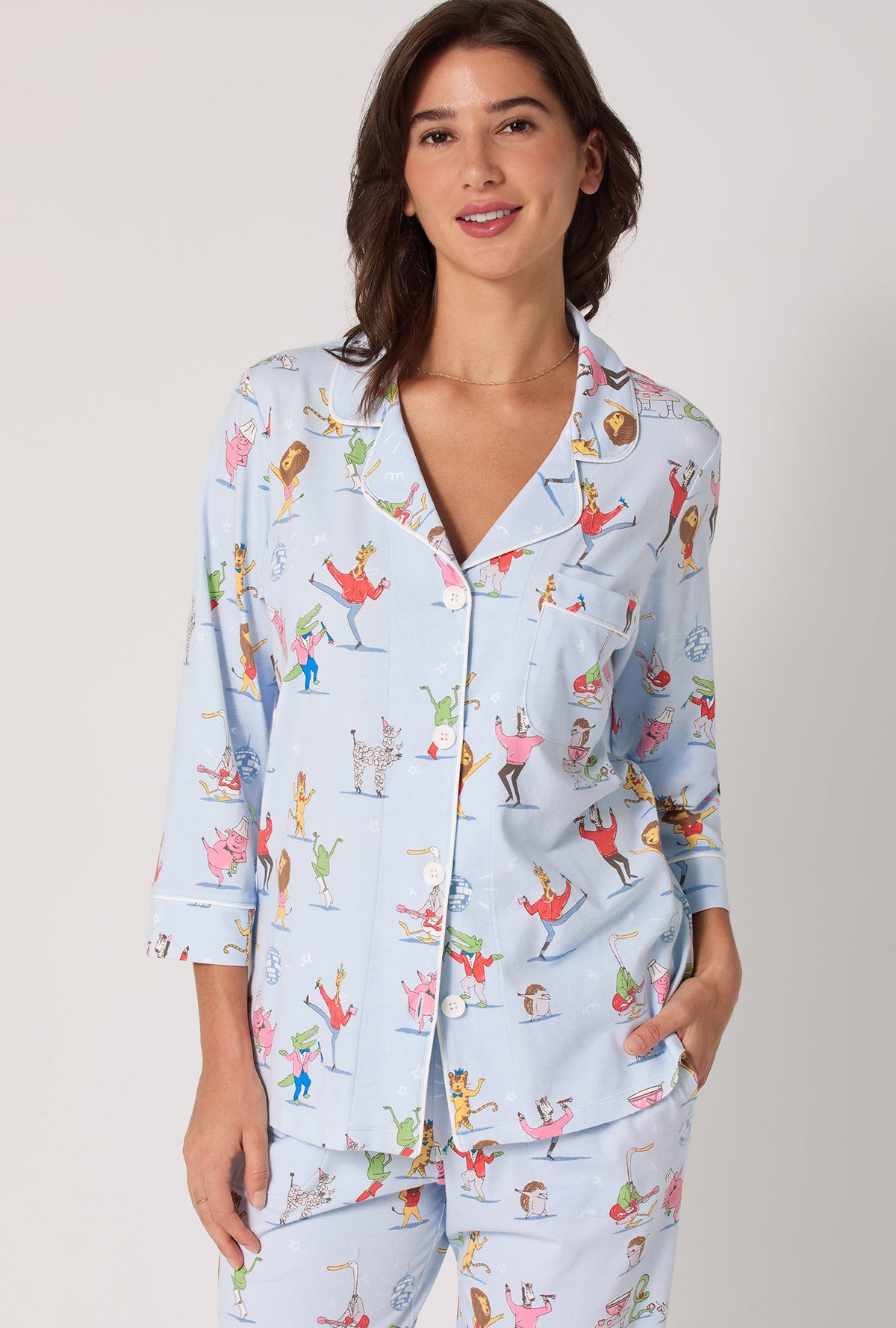 A Lady wearing Till The Ball Drops 3/4 Sleeve Classic Stretch Jersey Cropped Pj Set