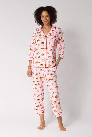 A lady wearing Farm Fresh 3/4 Sleeve Classic Stretch Jersey Cropped Pj Set 