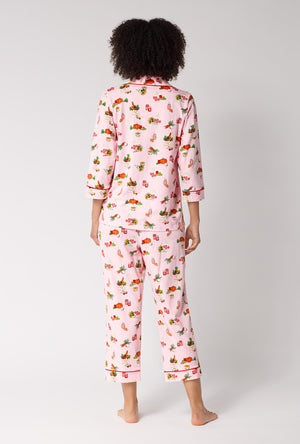 A lady wearing Farm Fresh 3/4 Sleeve Classic Stretch Jersey Cropped Pj Set back view