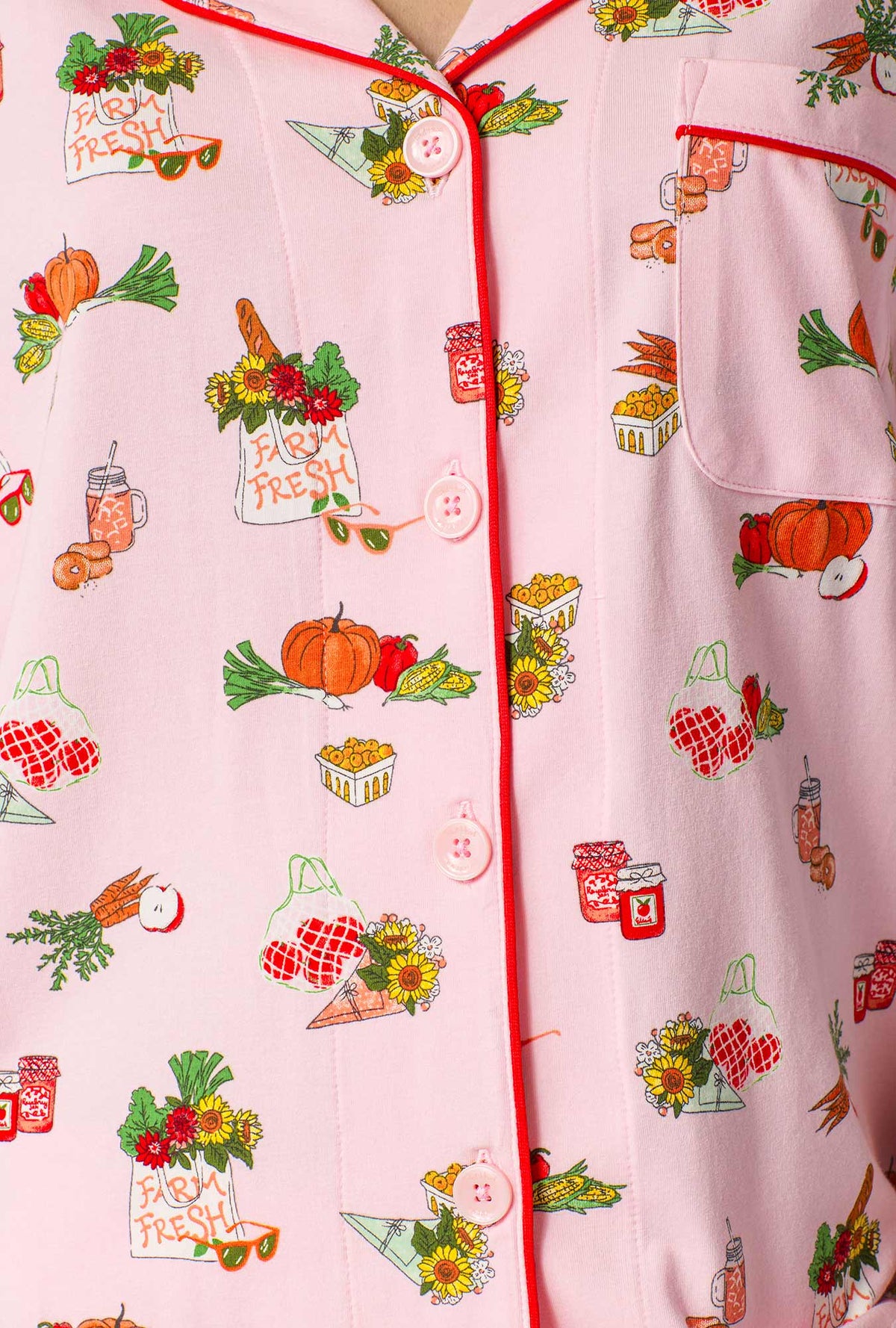A lady wearing Farm Fresh 3/4 Sleeve Classic Stretch Jersey Cropped Pj Set closer look at fabric