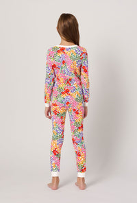 A girl wearing Spring Fields Long Sleeve Stretch Jersey Kids Pj Set
