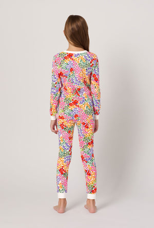 A girl wearing Spring Fields Long Sleeve Stretch Jersey Kids Pj Set