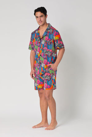 A man wearing BedHead x Mr. Turk Jungle Men's Short Sleeve Classic Stretch Jersey Short Pj Set