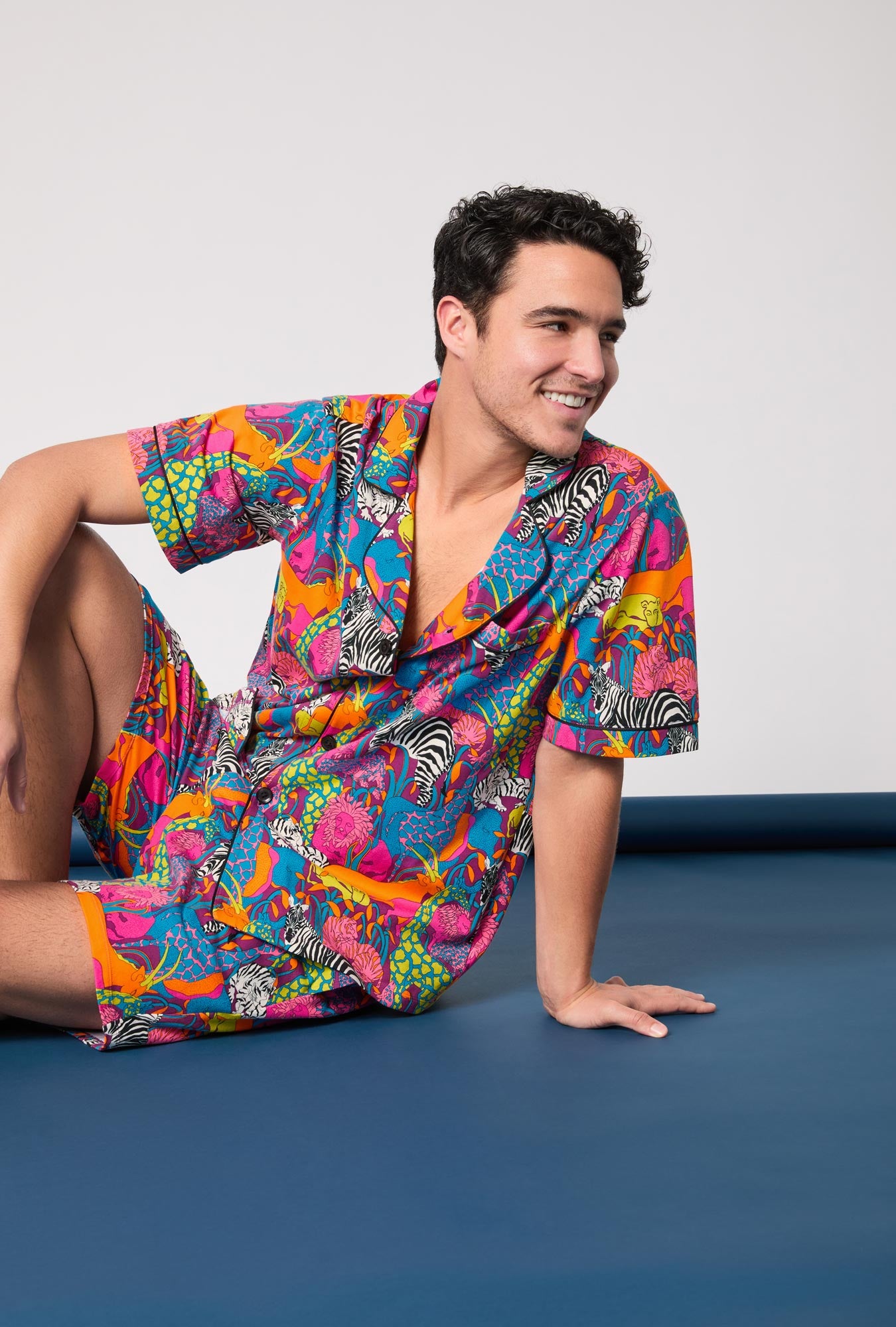 A man wearing BedHead x Mr. Turk Jungle Men's Short Sleeve Classic Stretch Jersey Short Pj Set