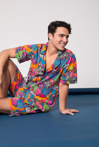 A man wearing BedHead x Mr. Turk Jungle Men's Short Sleeve Classic Stretch Jersey Short Pj Set