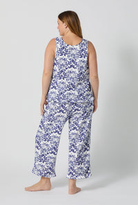 A lady wearing plus size Under The Sea Ruffle Tank Stretch Jersey Cropped Pj Set back view