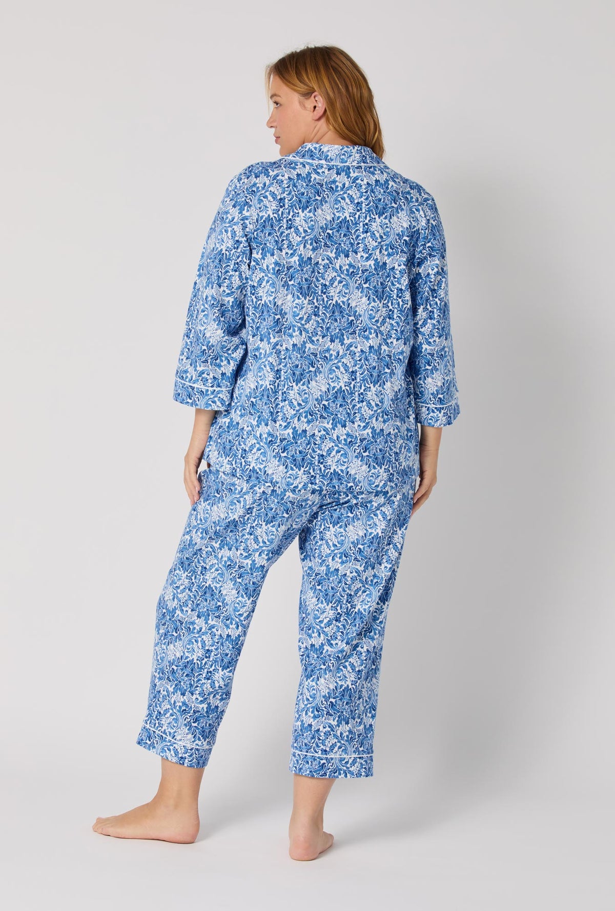 A Lady wearing Dreamy Damask 3/4 Sleeve Classic Stretch Jersey Cropped Pj Set