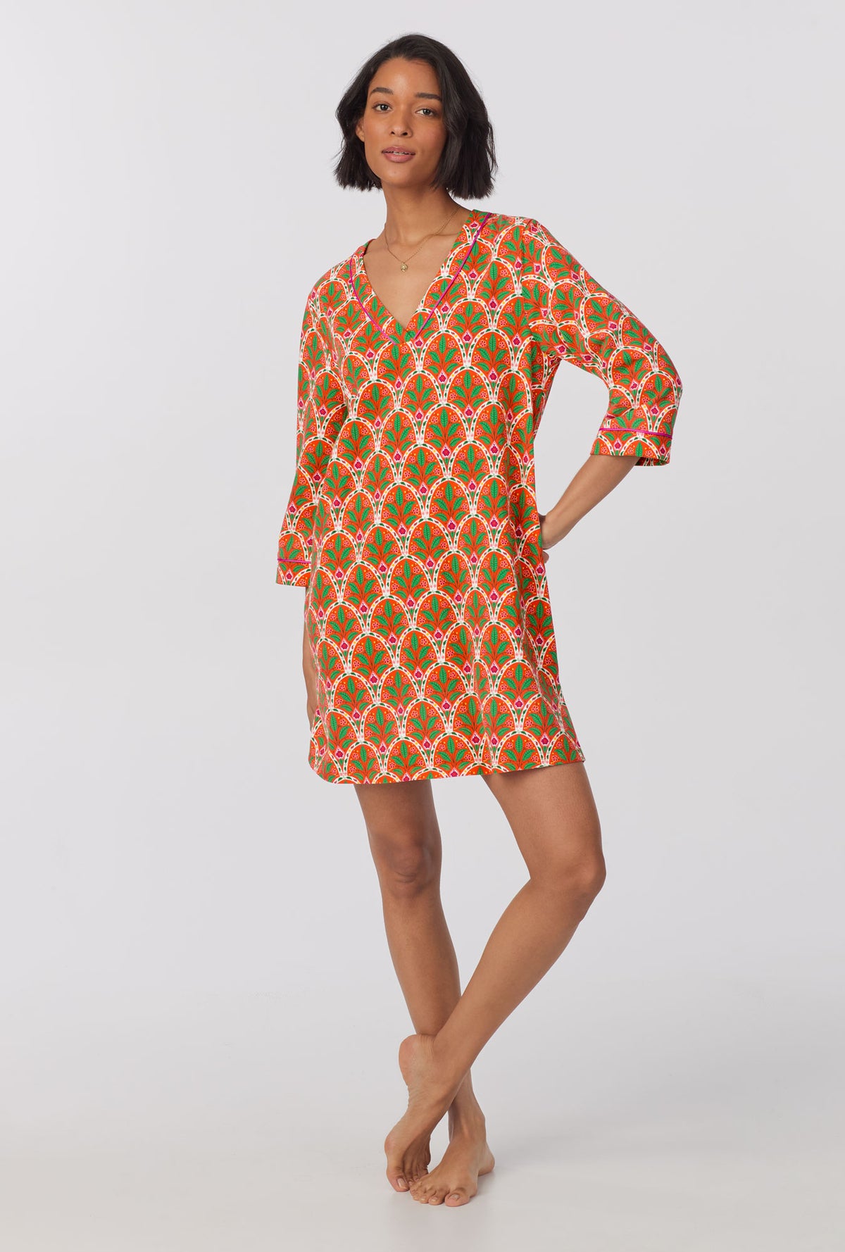 A lady wearing 3/4 Sleeve Stretch Jersey Sleepshirt with tangier tile print