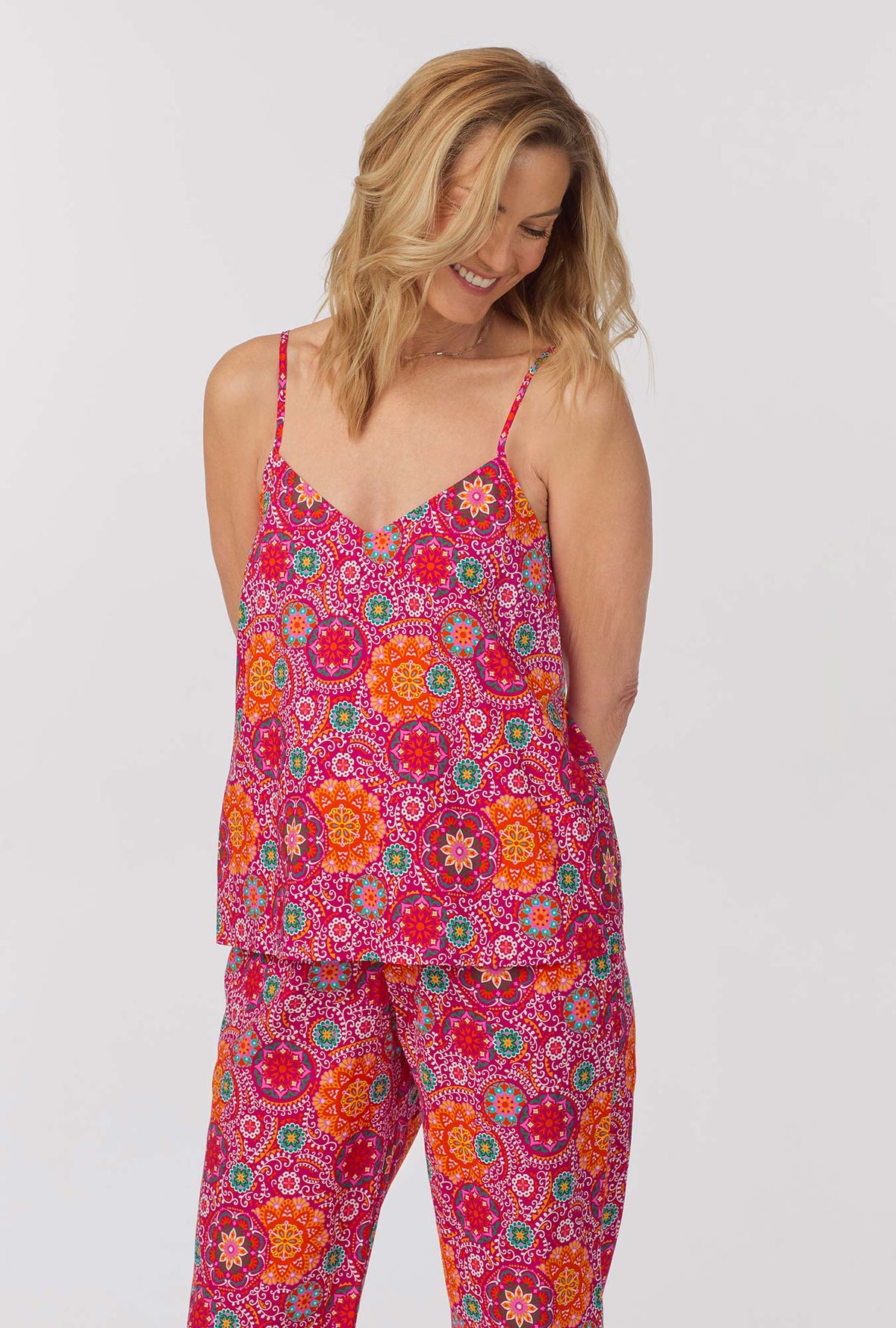 A lady wearing cami tank woven cotton poplin long pj set with casablanca print