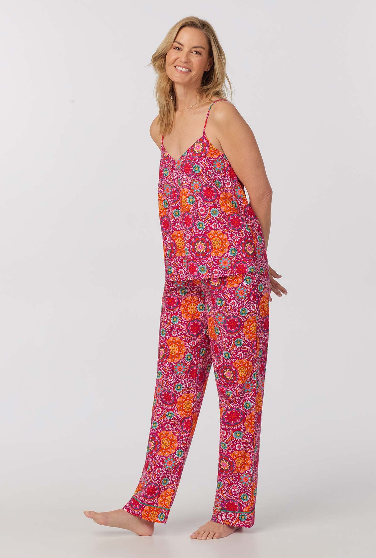 A lady wearing cami tank woven cotton poplin long pj set with casablanca print