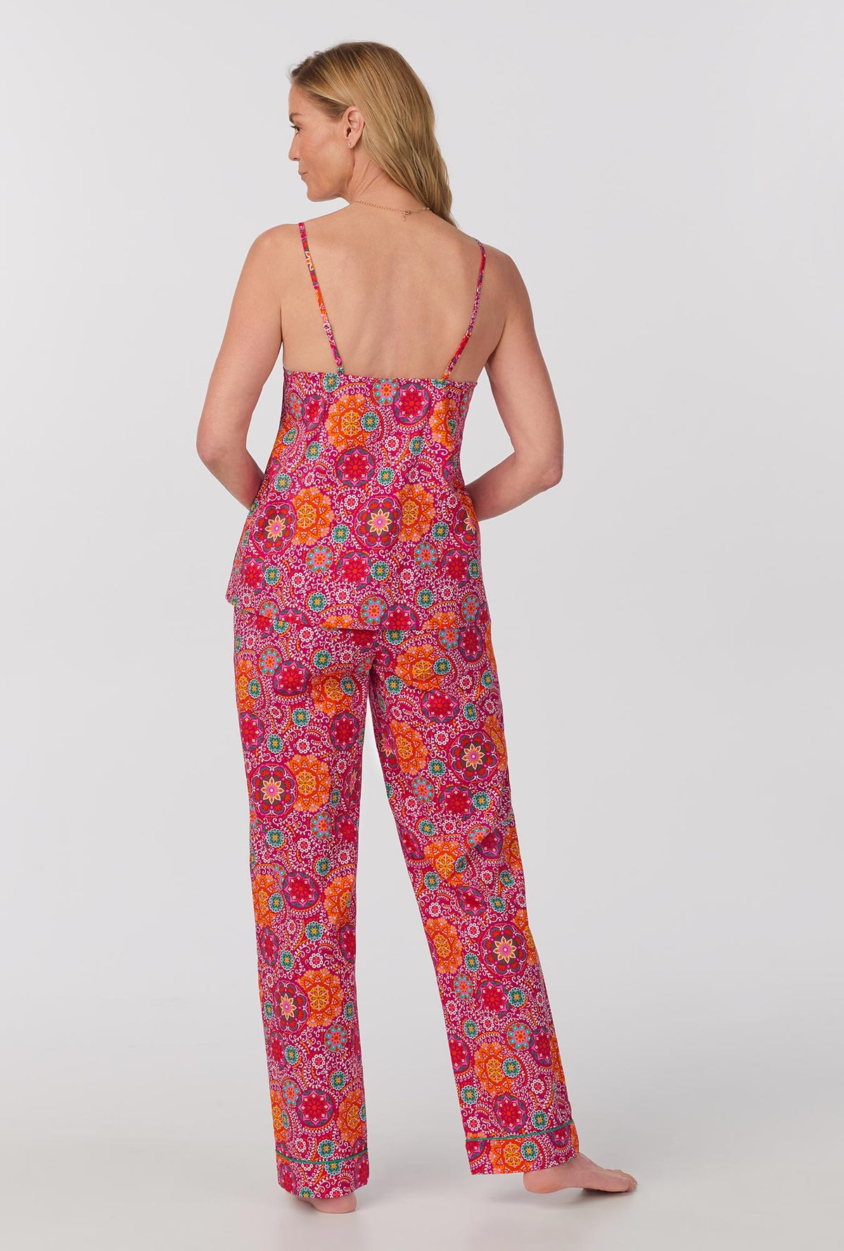 A lady wearing cami tank woven cotton poplin long pj set with casablanca print