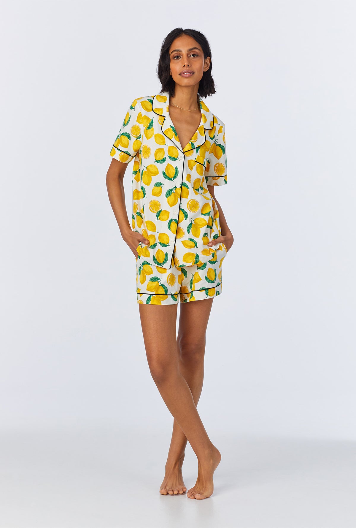 A lady wearing Main Squeeze Short Sleeve Classic Shorty Stretch Jersey PJ Set
