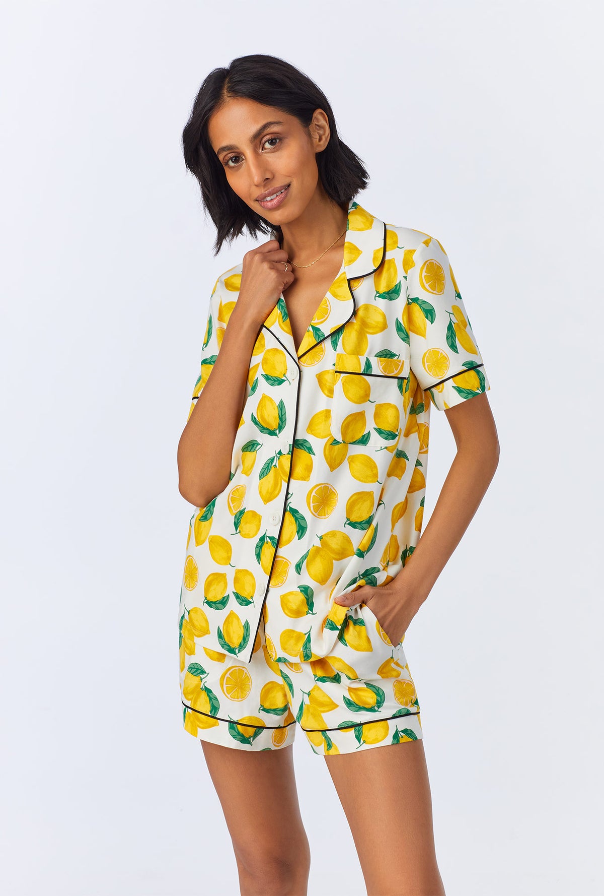 A lady wearing Main Squeeze Short Sleeve Classic Shorty Stretch Jersey PJ Set