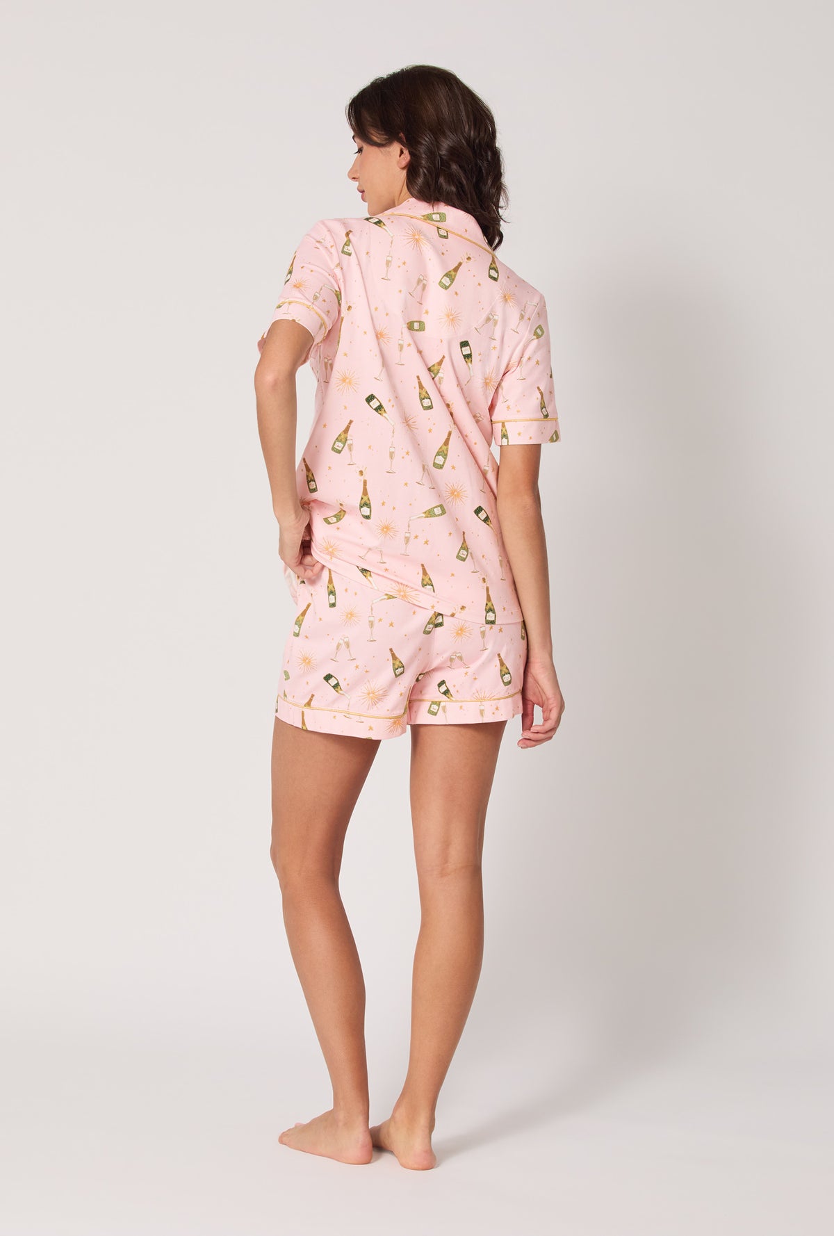 A Lady wearing Pop Fizz Clink Short Sleeve Classic Shorty Stretch Jersey Pj Set