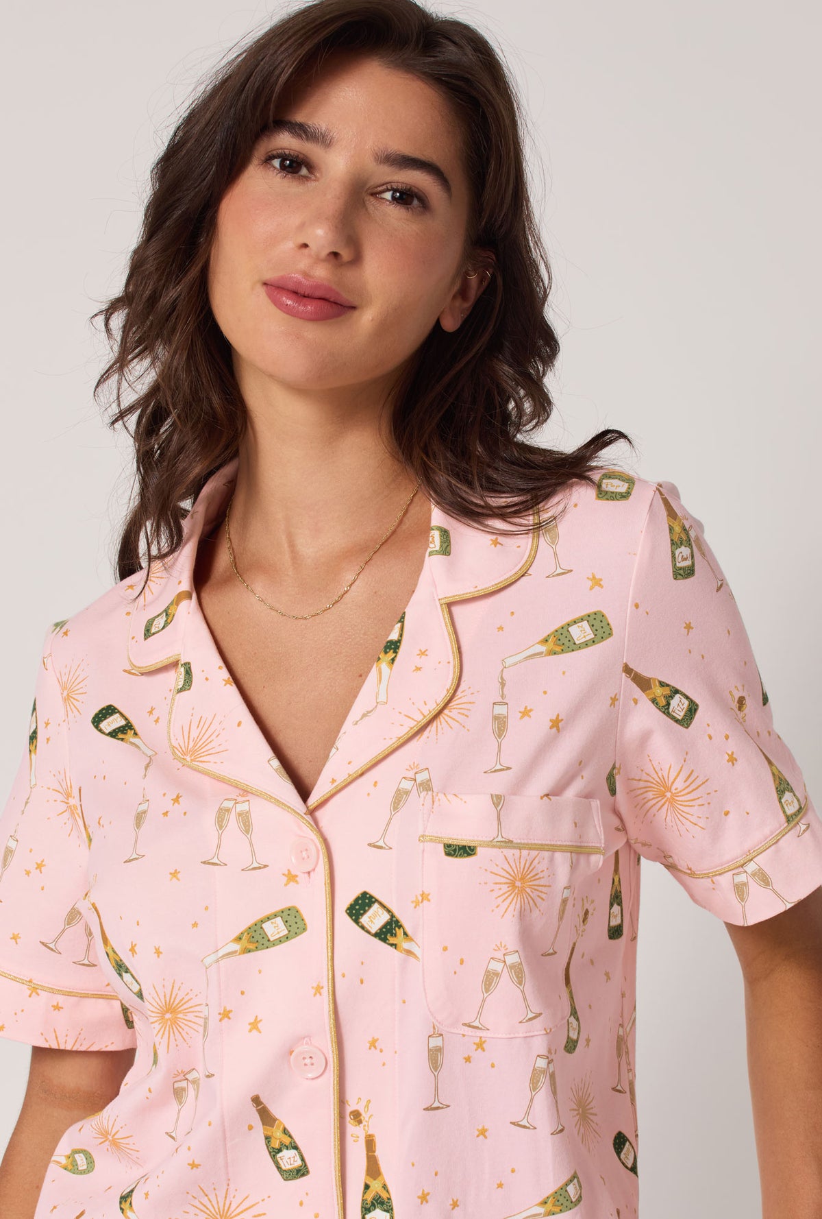 A Lady wearing Pop Fizz Clink Short Sleeve Classic Shorty Stretch Jersey Pj Set