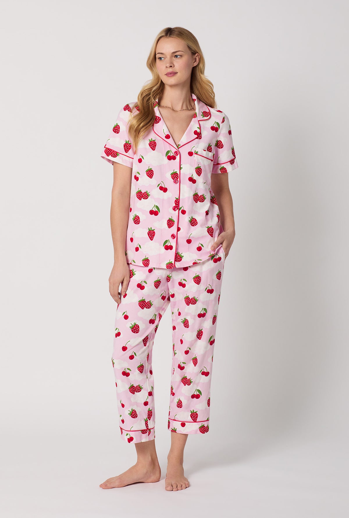 A Lady Wearing Berry Souffle Short Sleeve Classic Stretch Jersey Cropped PJ Set Front View