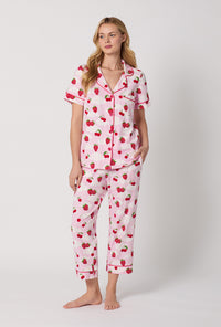 A Lady Wearing Berry Souffle Short Sleeve Classic Stretch Jersey Cropped PJ Set Front View