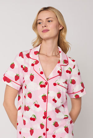 A Lady Wearing Berry Souffle Short Sleeve Classic Stretch Jersey Cropped PJ Set Closeup View