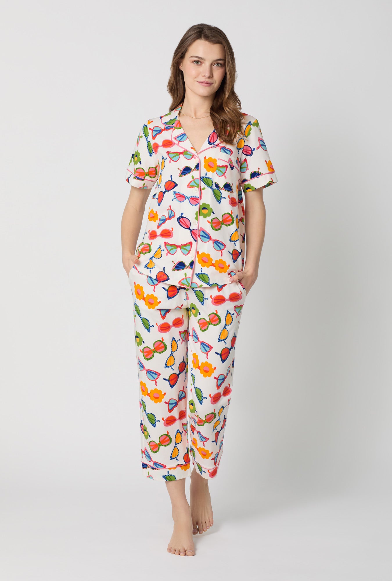 A lady wearing Made In The Shade Short Sleeve Classic Stretch Jersey Cropped Pj Set
