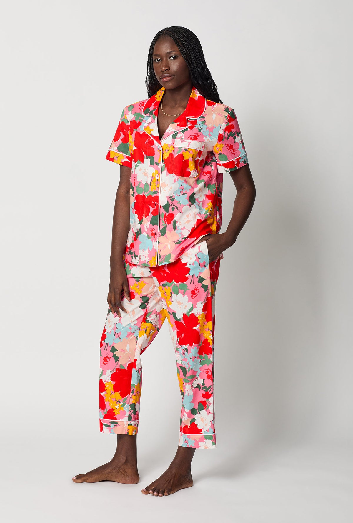 A lady wearing Cassandra Short Sleeve Classic Woven Cotton Poplin Cropped Pj Set